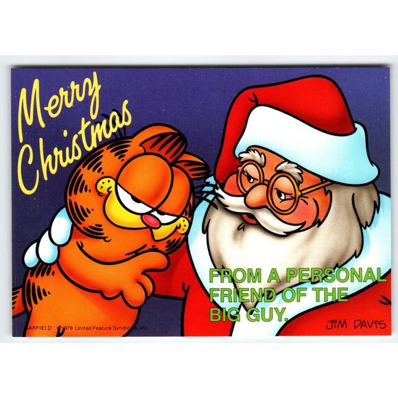 Garfield Christmas Postcard Santa Claus Jim Davis Comic Orange Tabby Cat 1978 - Picture 1 of 2
